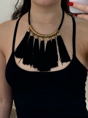 Black Tassel Statement Necklace with Gold Accents